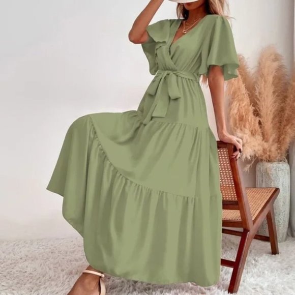 Boho Surplice Butterfly Sleeve Ruffle Maxi Dress GREEN - Picture 1 of 5